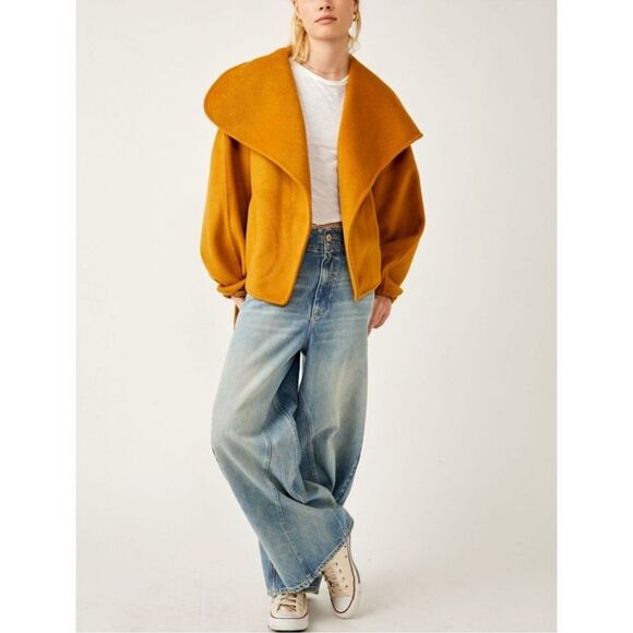 Free People Mina Jacket Oversized Waist Tie Wrap Front faux wool Yellow Orange M - Picture 3 of 7